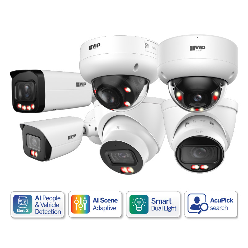 VIP Vision Pro AI range (gen.3) cameras turrets, vandal domes and bullets in fixed/vari-focal models.